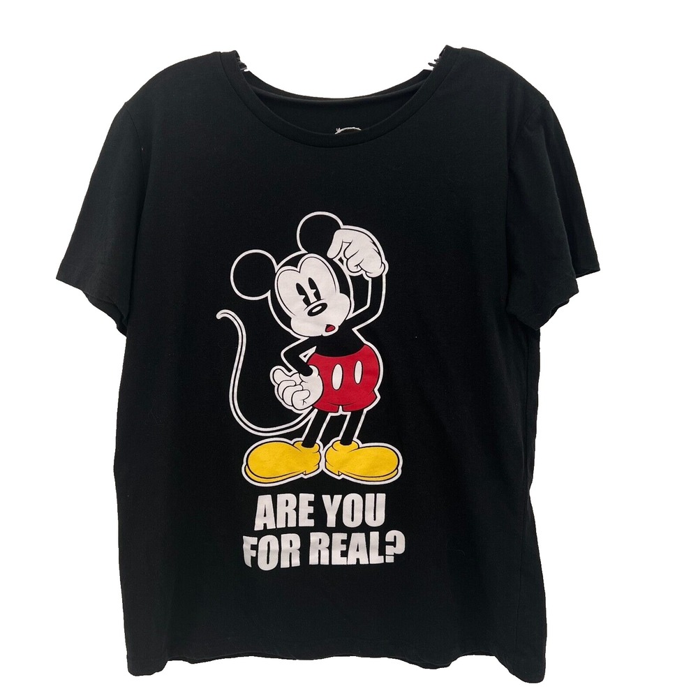DISNEY Women's Size XL Black "Are You For Real?" Mickey Mouse Cap-Sleeve T-Shirt